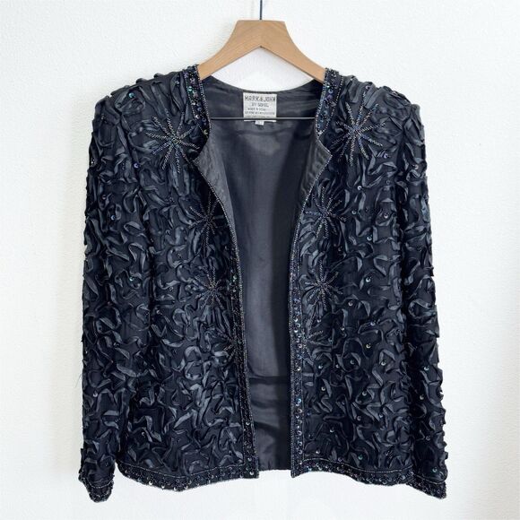Vtg Sequin Beaded Jacket Womens Large Black Silk Cocktail Feminine Artsy Event - Picture 1 of 16